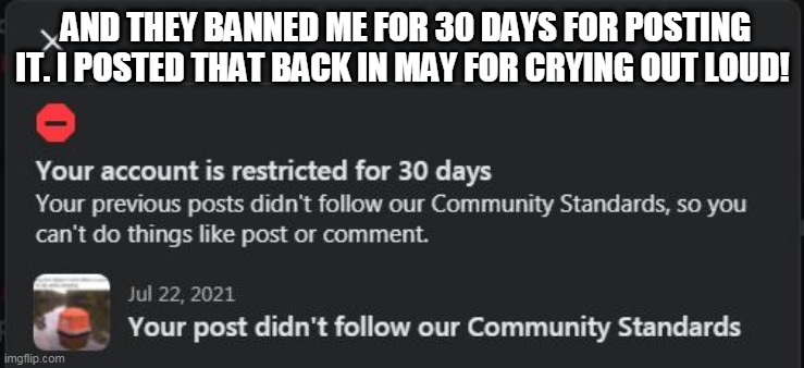 AND THEY BANNED ME FOR 30 DAYS FOR POSTING IT. I POSTED THAT BACK IN MAY FOR CRYING OUT LOUD! | made w/ Imgflip meme maker