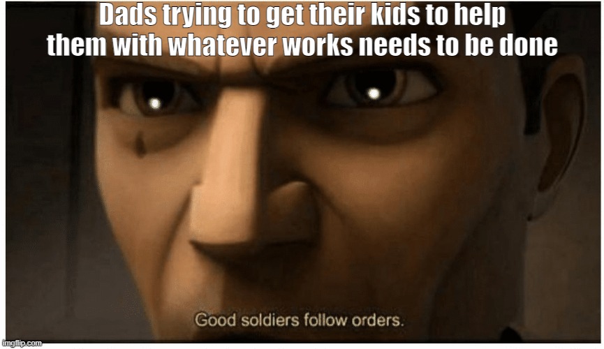 :) |  Dads trying to get their kids to help them with whatever works needs to be done | image tagged in good soldiers follow orders | made w/ Imgflip meme maker