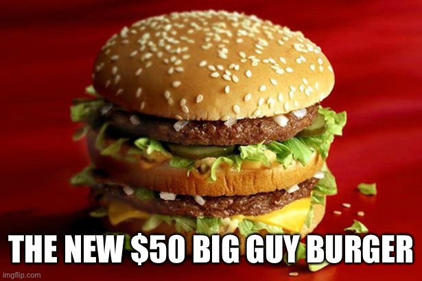 The Dems own inflation | THE NEW $50 BIG GUY BURGER | image tagged in big mac,big guy,50 dollar burger,inflation,dems,biden | made w/ Imgflip meme maker