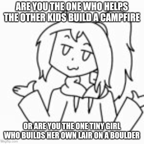 *shrug* | ARE YOU THE ONE WHO HELPS THE OTHER KIDS BUILD A CAMPFIRE; OR ARE YOU THE ONE TINY GIRL WHO BUILDS HER OWN LAIR ON A BOULDER | image tagged in shrug | made w/ Imgflip meme maker