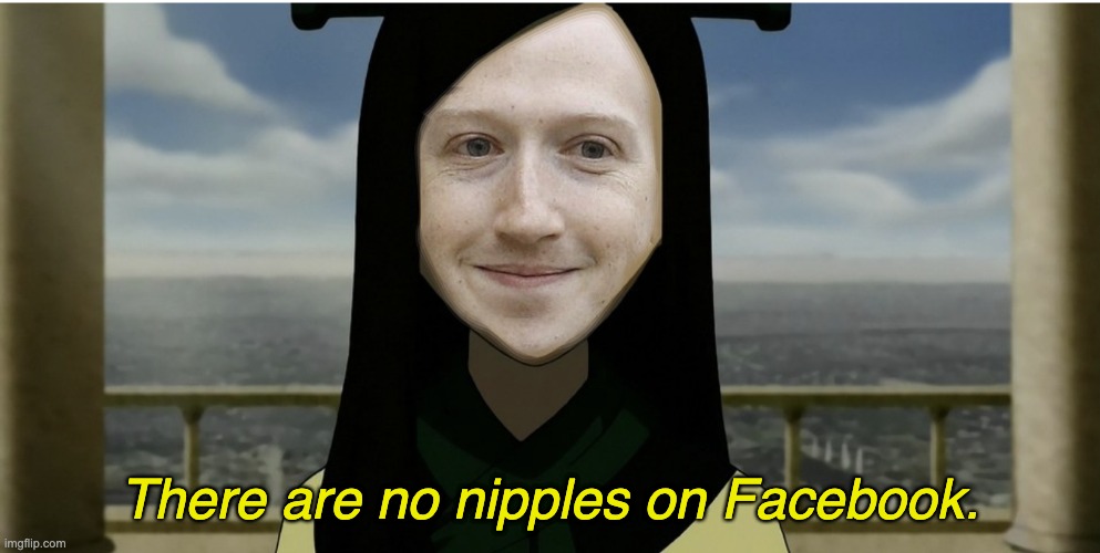 There are no nipples in Ba Sing Se | There are no nipples on Facebook. | image tagged in joo dee zuckerberg | made w/ Imgflip meme maker