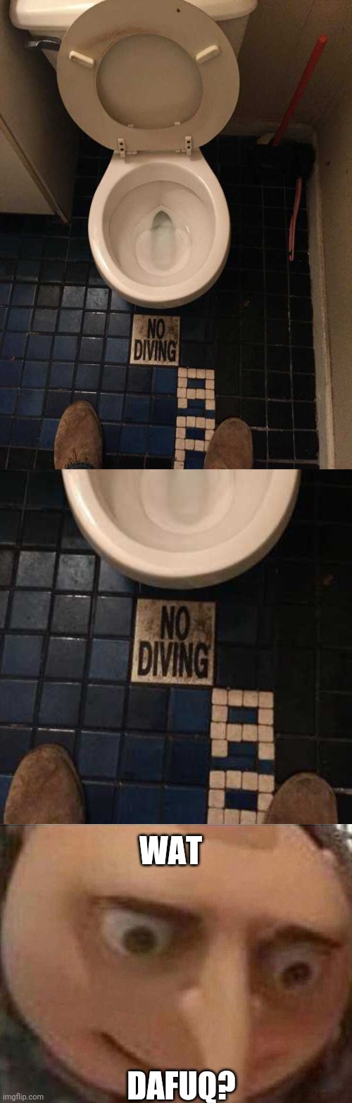 WHY DID THAT SIGN EXIST? | WAT; DAFUQ? | image tagged in gru meme,stupid signs,toilet,toilet humor | made w/ Imgflip meme maker