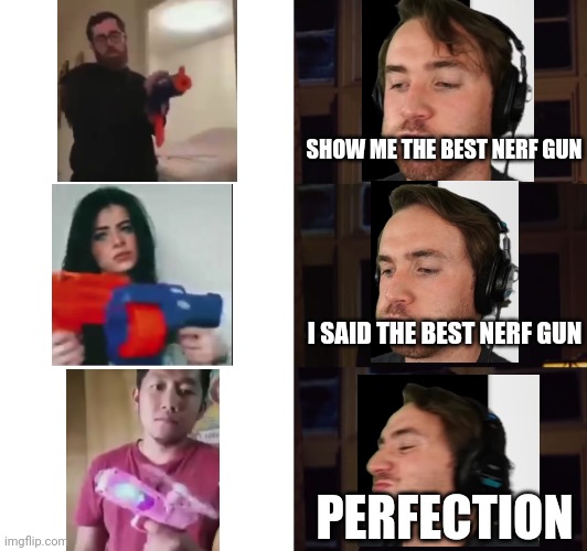 Brought to you be Limenade laugh and die 4. | SHOW ME THE BEST NERF GUN; I SAID THE BEST NERF GUN; PERFECTION | image tagged in perfection,memenade,nerf | made w/ Imgflip meme maker