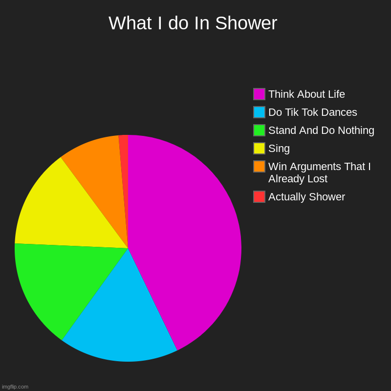 What I Do In Da Showa | What I do In Shower | Actually Shower, Win Arguments That I Already Lost, Sing, Stand And Do Nothing, Do Tik Tok Dances, Think About Life | image tagged in pie charts,reality,funny,truth | made w/ Imgflip chart maker