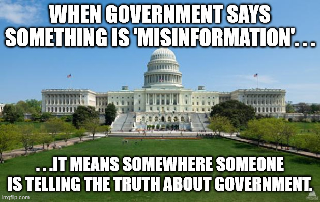 What misinformation actually means in politics. | WHEN GOVERNMENT SAYS SOMETHING IS 'MISINFORMATION'. . . . . .IT MEANS SOMEWHERE SOMEONE IS TELLING THE TRUTH ABOUT GOVERNMENT. | image tagged in lies,media lies,government corruption,scumbag government,scumbag hollywood | made w/ Imgflip meme maker