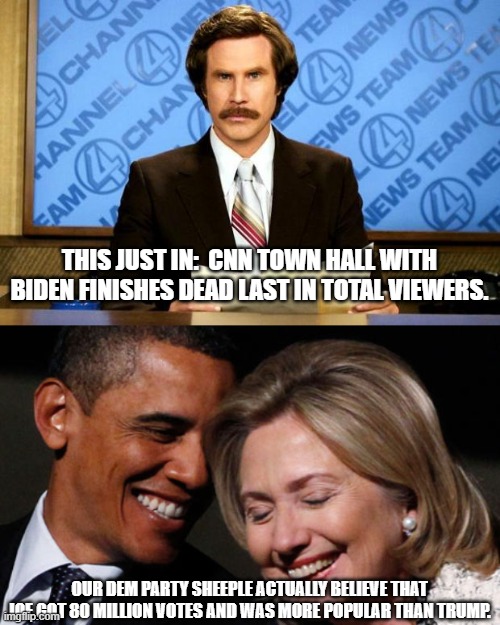 Dem Party sheeple are BELIEVERS. | THIS JUST IN:  CNN TOWN HALL WITH BIDEN FINISHES DEAD LAST IN TOTAL VIEWERS. OUR DEM PARTY SHEEPLE ACTUALLY BELIEVE THAT JOE GOT 80 MILLION VOTES AND WAS MORE POPULAR THAN TRUMP. | image tagged in unpopular biden,80 million votes,obama laughing | made w/ Imgflip meme maker