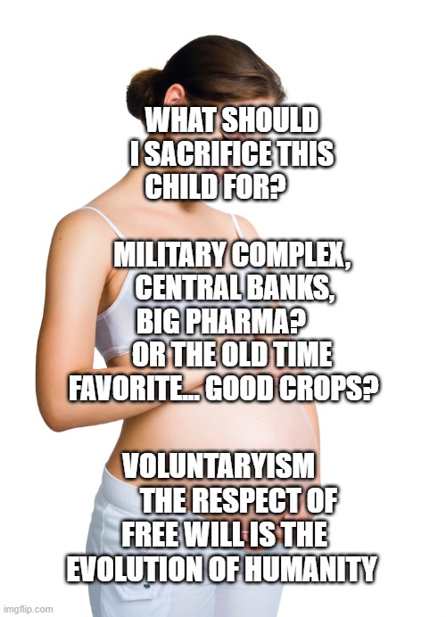 Pregnant woman | WHAT SHOULD I SACRIFICE THIS CHILD FOR?                       MILITARY COMPLEX,   CENTRAL BANKS,  BIG PHARMA?     OR THE OLD TIME FAVORITE... GOOD CROPS? VOLUNTARYISM        THE RESPECT OF FREE WILL IS THE EVOLUTION OF HUMANITY | image tagged in pregnant woman | made w/ Imgflip meme maker