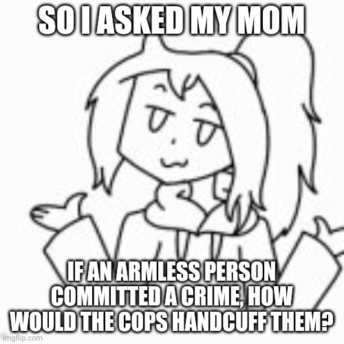 *shrug* | SO I ASKED MY MOM; IF AN ARMLESS PERSON COMMITTED A CRIME, HOW WOULD THE COPS HANDCUFF THEM? | image tagged in shrug | made w/ Imgflip meme maker
