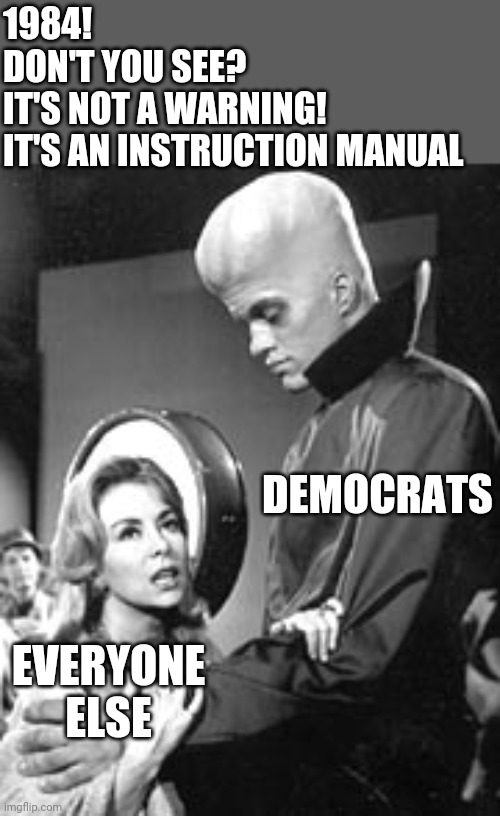 1984 | 1984! 
DON'T YOU SEE? 
IT'S NOT A WARNING! 
IT'S AN INSTRUCTION MANUAL; DEMOCRATS; EVERYONE ELSE | image tagged in twilight zone | made w/ Imgflip meme maker