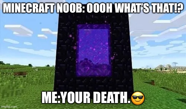 Nether enter if you’re a noob | MINECRAFT NOOB: OOOH WHAT’S THAT!? ME:YOUR DEATH.😎 | image tagged in minecraft | made w/ Imgflip meme maker
