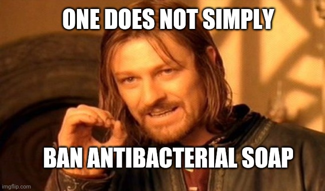 One Does Not Simply | ONE DOES NOT SIMPLY; BAN ANTIBACTERIAL SOAP | image tagged in memes,one does not simply,ban antibacterial soap,soap,ban stick,ban | made w/ Imgflip meme maker