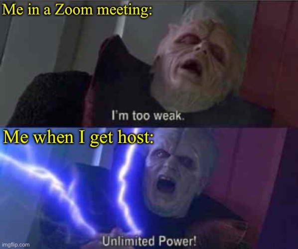 Happened a lot recently | Me in a Zoom meeting:; Me when I get host: | image tagged in i m too weak unlimited power | made w/ Imgflip meme maker