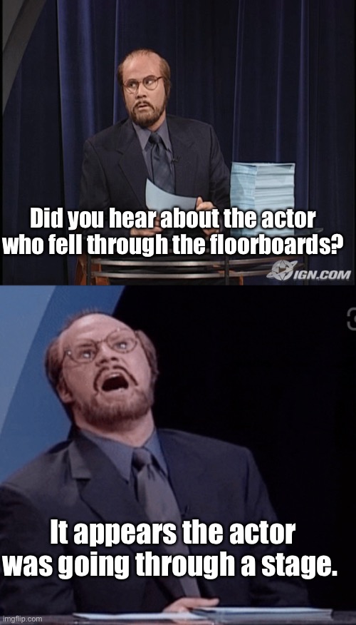 Dad jokes suck | Did you hear about the actor who fell through the floorboards? It appears the actor was going through a stage. | image tagged in snl inside the actor studio,dad joke,memes,crappy memes | made w/ Imgflip meme maker