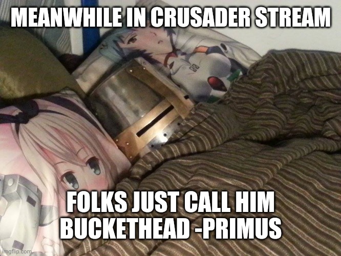 Nightmare hippy girl - beck | MEANWHILE IN CRUSADER STREAM; FOLKS JUST CALL HIM
BUCKETHEAD -PRIMUS | image tagged in weeb crusader | made w/ Imgflip meme maker
