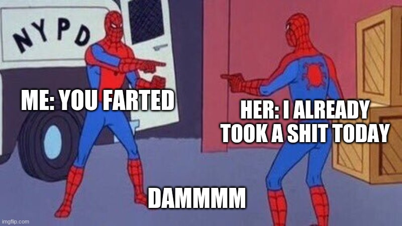 spiderman pointing at spiderman | ME: YOU FARTED; HER: I ALREADY TOOK A SHIT TODAY; DAMMMM | image tagged in spiderman pointing at spiderman | made w/ Imgflip meme maker