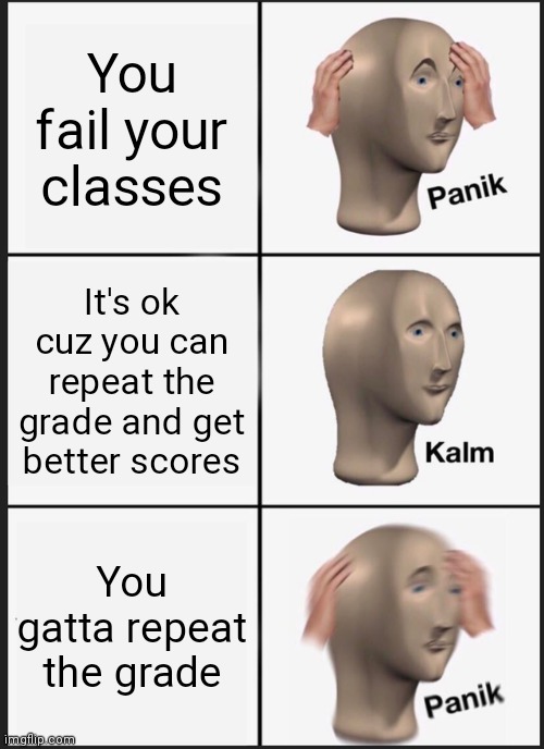 Sheesh | You fail your classes; It's ok cuz you can repeat the grade and get better scores; You gatta repeat the grade | image tagged in memes,panik kalm panik | made w/ Imgflip meme maker