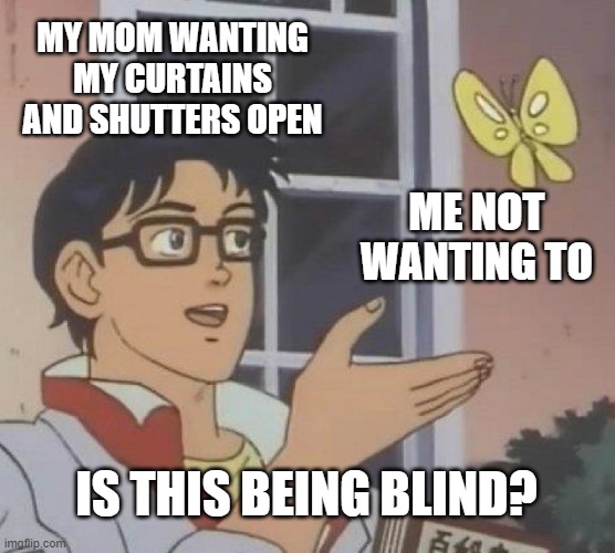 now i ACTUALLY feel like becoming blind | MY MOM WANTING MY CURTAINS AND SHUTTERS OPEN; ME NOT WANTING TO; IS THIS BEING BLIND? | image tagged in memes,is this a pigeon | made w/ Imgflip meme maker