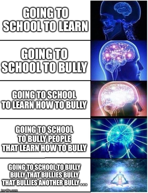 This is how Maf. . I mean school works. |  GOING TO SCHOOL TO LEARN; GOING TO SCHOOL TO BULLY; GOING TO SCHOOL TO LEARN HOW TO BULLY; GOING TO SCHOOL TO BULLY PEOPLE THAT LEARN HOW TO BULLY; GOING TO SCHOOL TO BULLY BULLY THAT BULLIES BULLY THAT BULLIES ANOTHER BULLY . . . | image tagged in expanding brain 5 panel,memes,school,bully | made w/ Imgflip meme maker