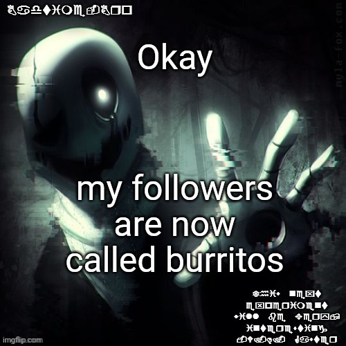 E | Okay; my followers are now called burritos | image tagged in ajhdjkwebjskghdfwegshnajkewhgaster | made w/ Imgflip meme maker