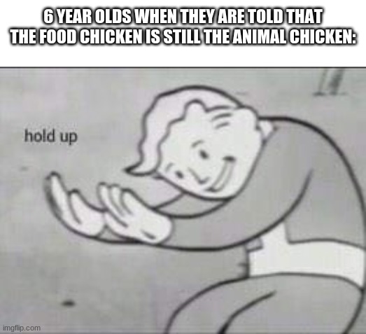 This was me | 6 YEAR OLDS WHEN THEY ARE TOLD THAT THE FOOD CHICKEN IS STILL THE ANIMAL CHICKEN: | image tagged in fallout hold up | made w/ Imgflip meme maker