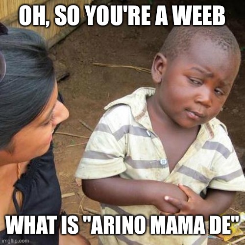 If you see a weeb send this to them | OH, SO YOU'RE A WEEB; WHAT IS "ARINO MAMA DE" | image tagged in memes,third world skeptical kid | made w/ Imgflip meme maker