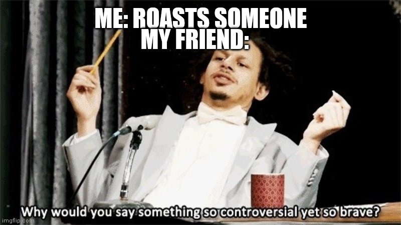 Why would you say something so controversial yet so brave? | MY FRIEND:; ME: ROASTS SOMEONE | image tagged in why would you say something so controversial yet so brave | made w/ Imgflip meme maker