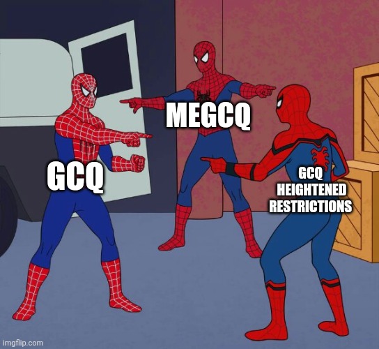 Spider Man Triple | MEGCQ; GCQ; GCQ 
HEIGHTENED RESTRICTIONS | image tagged in spider man triple | made w/ Imgflip meme maker