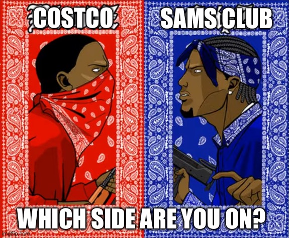 which side are you on | SAMS CLUB; COSTCO; WHICH SIDE ARE YOU ON? | image tagged in which side are you on | made w/ Imgflip meme maker