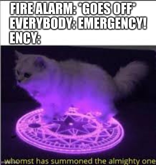 Whomst has Summoned the almighty one | FIRE ALARM: *GOES OFF*    
EVERYBODY: EMERGENCY!
ENCY: | image tagged in whomst has summoned the almighty one | made w/ Imgflip meme maker
