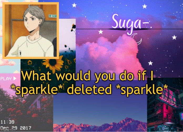 No one would care because I’m not worth caring about u w u | What would you do if I 
*sparkle* deleted *sparkle* | image tagged in suga- | made w/ Imgflip meme maker