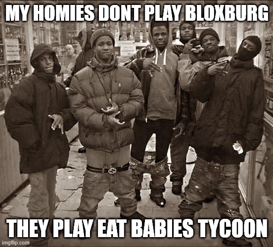 All My Homies Hate | MY HOMIES DONT PLAY BLOXBURG; THEY PLAY EAT BABIES TYCOON | image tagged in all my homies hate | made w/ Imgflip meme maker