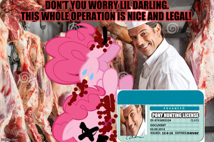 The pony hunt was a huge success! | PONY HUNTING LICENSE DON'T YOU WORRY LIL DARLING. THIS WHOLE OPERATION IS NICE AND LEGAL! | image tagged in pony,pinkie pie,mlp,butcher,serial killer,meat | made w/ Imgflip meme maker