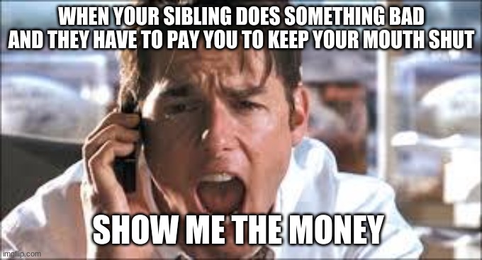 Show me the money | WHEN YOUR SIBLING DOES SOMETHING BAD AND THEY HAVE TO PAY YOU TO KEEP YOUR MOUTH SHUT; SHOW ME THE MONEY | image tagged in show me the money | made w/ Imgflip meme maker