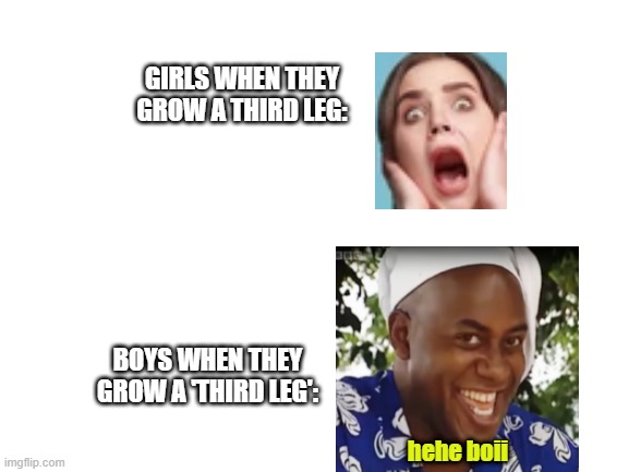 boys vs girls meme | GIRLS WHEN THEY GROW A THIRD LEG:; BOYS WHEN THEY GROW A 'THIRD LEG':; hehe boii | image tagged in blank white template | made w/ Imgflip meme maker