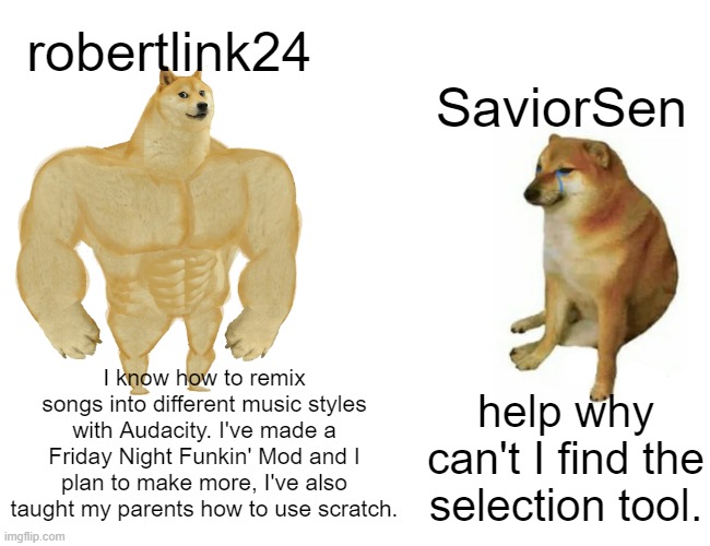 accuratemomento.png | robertlink24; SaviorSen; I know how to remix songs into different music styles with Audacity. I've made a Friday Night Funkin' Mod and I plan to make more, I've also taught my parents how to use scratch. help why can't I find the selection tool. | image tagged in memes,buff doge vs cheems | made w/ Imgflip meme maker