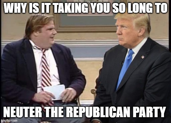 Chris Farley Just Asking Trump The Biggest Dick In The World | WHY IS IT TAKING YOU SO LONG TO; NEUTER THE REPUBLICAN PARTY | image tagged in chris farley and trump,memes,political meme,political humor,clown car republicans,donald trump is an idiot | made w/ Imgflip meme maker