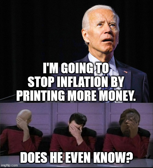 Because Democrats can't figure stuff like this out, printing more money is what causes inflation.  It is a 1 to 1 causation. | I'M GOING TO STOP INFLATION BY PRINTING MORE MONEY. DOES HE EVEN KNOW? | image tagged in stupid biden,inflation,quantitative easing | made w/ Imgflip meme maker