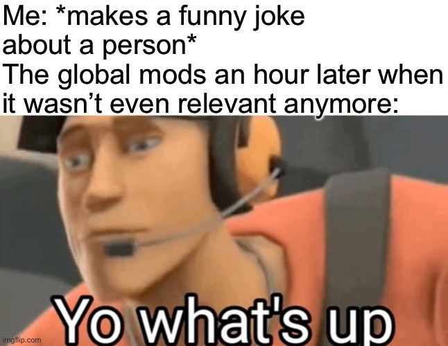 I’m still a bit salty over that but I think it deserved to be disapproved | Me: *makes a funny joke about a person*
The global mods an hour later when it wasn’t even relevant anymore: | made w/ Imgflip meme maker