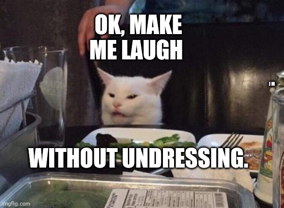 Salad cat | OK, MAKE ME LAUGH; J M; WITHOUT UNDRESSING. | image tagged in salad cat | made w/ Imgflip meme maker