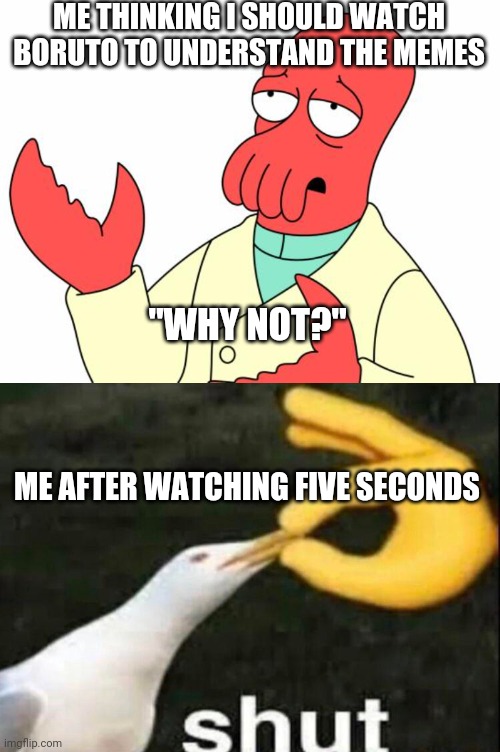 ME THINKING I SHOULD WATCH BORUTO TO UNDERSTAND THE MEMES; "WHY NOT?"; ME AFTER WATCHING FIVE SECONDS | image tagged in memes,futurama zoidberg,shut | made w/ Imgflip meme maker