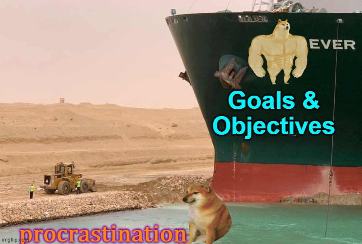 I'll Get Around to It | Goals &
Objectives; procrastination | image tagged in suez things,procrastination | made w/ Imgflip meme maker