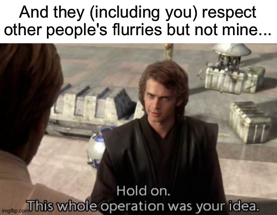 Hold on this whole operation was your idea | And they (including you) respect other people's flurries but not mine... | image tagged in hold on this whole operation was your idea | made w/ Imgflip meme maker