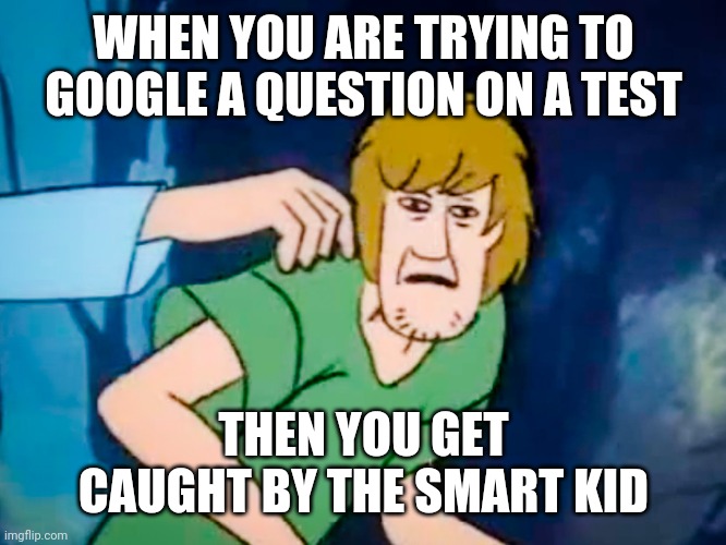 Oh shi scoob, we must run away | WHEN YOU ARE TRYING TO GOOGLE A QUESTION ON A TEST; THEN YOU GET CAUGHT BY THE SMART KID | image tagged in shaggy meme | made w/ Imgflip meme maker