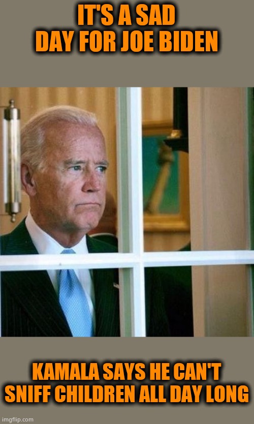 Sad Joe Biden | IT'S A SAD DAY FOR JOE BIDEN; KAMALA SAYS HE CAN'T SNIFF CHILDREN ALL DAY LONG | image tagged in sad joe biden | made w/ Imgflip meme maker