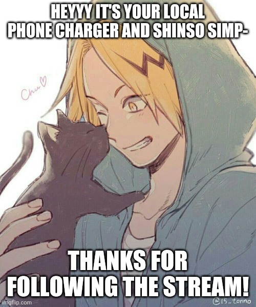 Hey there human | HEYYY IT'S YOUR LOCAL PHONE CHARGER AND SHINSO SIMP-; THANKS FOR FOLLOWING THE STREAM! | image tagged in mha,anime | made w/ Imgflip meme maker