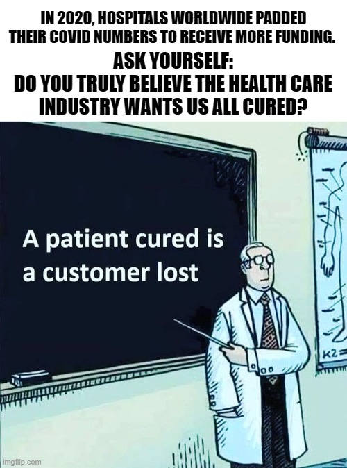 Check the stats: In 2020, there were far fewer deaths attributed to heart attack, stroke, cancer, diabetes, etc. than usual |  IN 2020, HOSPITALS WORLDWIDE PADDED THEIR COVID NUMBERS TO RECEIVE MORE FUNDING. ASK YOURSELF:
DO YOU TRULY BELIEVE THE HEALTH CARE INDUSTRY WANTS US ALL CURED? | image tagged in health care,misinformation,new world order,health,decisions | made w/ Imgflip meme maker