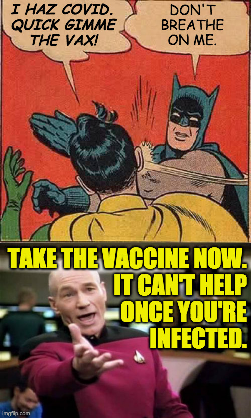 It takes weeks to build immunity, so the sooner the better. | I HAZ COVID.
QUICK GIMME
THE VAX! DON'T
BREATHE
ON ME. TAKE THE VACCINE NOW.
IT CAN'T HELP
ONCE YOU'RE
INFECTED. | image tagged in memes,batman slapping robin,picard wtf,covid 19,vaccination | made w/ Imgflip meme maker