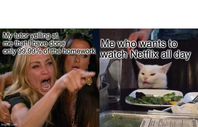 Done with a special request from my tutor | My tutor yelling at me that I have done only 99.99% of the homework; Me who wants to watch Netflix all day | image tagged in woman yelling at cat | made w/ Imgflip meme maker