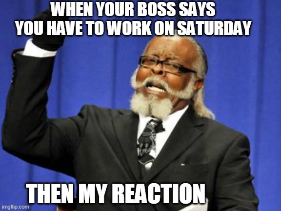 #meme | WHEN YOUR BOSS SAYS YOU HAVE TO WORK ON SATURDAY; THEN MY REACTION | image tagged in memes,too damn high | made w/ Imgflip meme maker