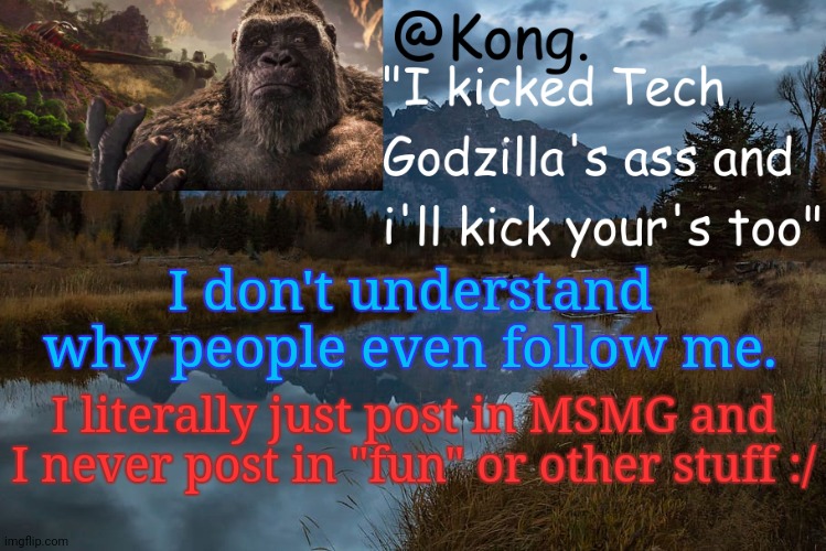 Plus I'm kinda toxic to people... | I don't understand why people even follow me. I literally just post in MSMG and I never post in "fun" or other stuff :/ | image tagged in kong 's new temp | made w/ Imgflip meme maker